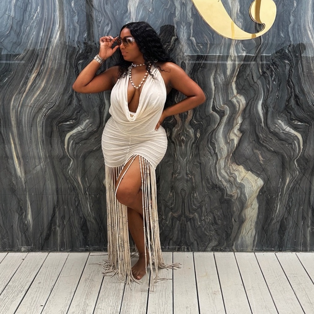 ICON Cream Backless Fringe Dress